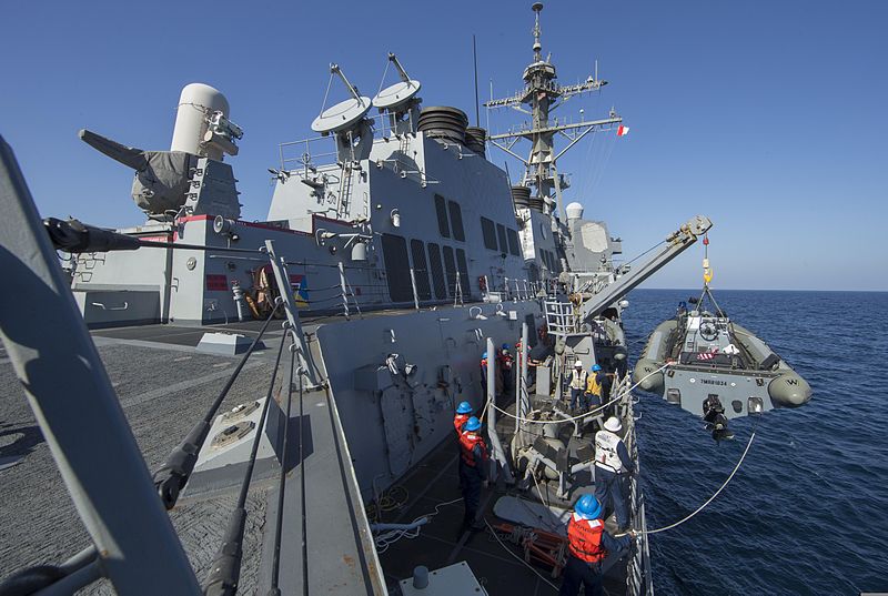 File:U.S. Sailors aboard the guided missile destroyer USS Mason (DDG 87) launch a rigid-hull inflatable boat during small boat operations in the Gulf of Oman Dec. 9, 2013 131209-N-PW661-006.jpg