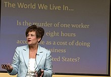 Deborah R. Collins, a survivor of workplace violence in the 1988 shooting at Electromagnetic System Labs, discusses the consequences of workplace violence. USMC-100910-M-9161A-001.jpg