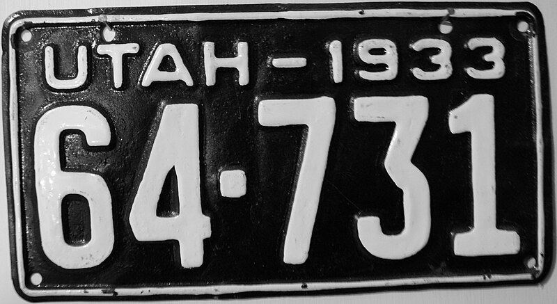 File:Utah 1933 license plate - Number 64-731.jpg