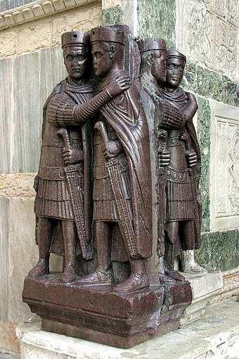 The Tetrarchs, a porphyry sculpture sacked from the Byzantine Philadelphion palace in 1204, Treasury of St. Marks, Venice