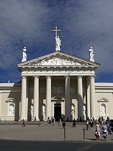 The Neoclassical façade of Vilnius Cathedral, Lithuania, with its pediment and columns...