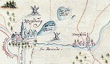 Die Wolfsburg, Vorsfelde sowie der Neue und der Alte Teich auf einer Karte von 1745