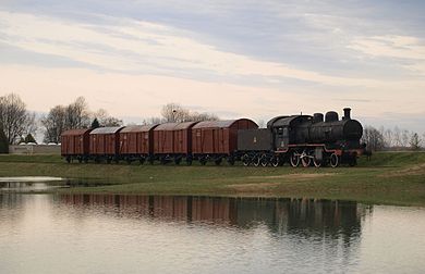 One of the trains that transported prisoners to Jasenovac on display in 2010 Voz Jasenovac.JPG