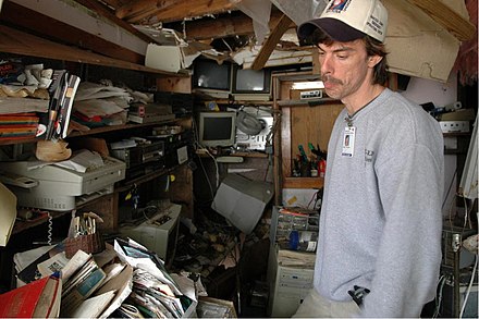 Brice Phillips of WQRZ-LP in his home studio in the wake of Hurricane Katrina, February 2006 (FEMA photograph).