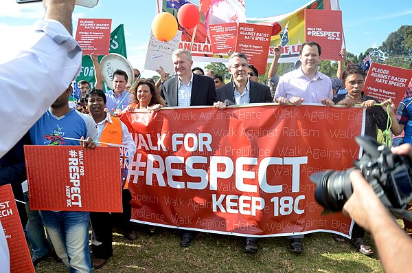 Burke in a 2014 protest against the Abbott government's proposed changes to section 18(c) of the Racial Discrimination Act