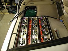 15 lead-acid batteries, PFC charger, and regulators installed into WhiteBird, a PHEV-10 conversion of a Toyota Prius WanacheBuild88large.JPG
