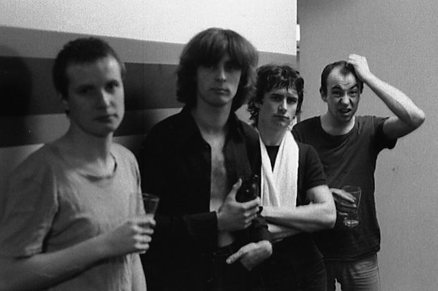 XTC backstage in Toronto, Canada (October 1978), from left: Andy Partridge, Colin Moulding, Terry Chambers and Barry Andrews