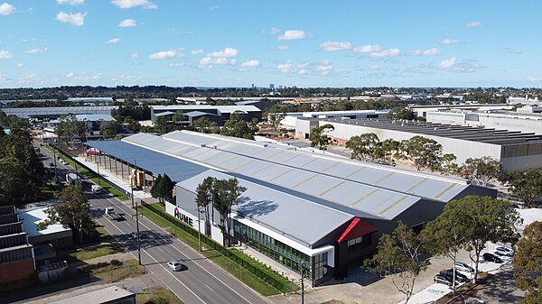 Yennora industrial zone, showing Pine Road and the Hume Building Products warehouses.