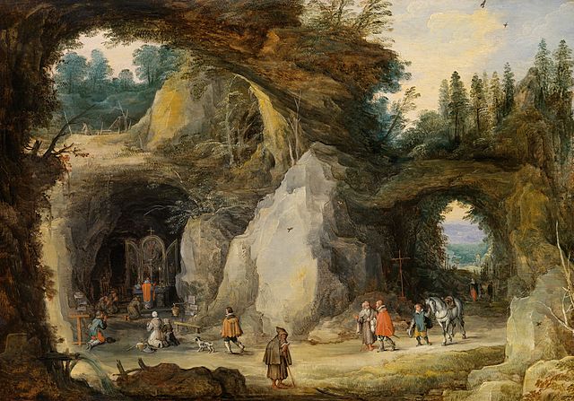 Mountain Landscape with Pilgrims in a Grotto Chapel, with Joos de Momper (II)