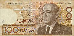 100 dirhamin seteli, jossa on kuvattuna Hassan II.