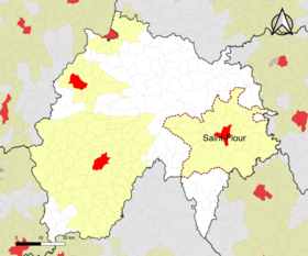 Locatie van het attractiegebied van Saint-Flour in het departement Cantal.