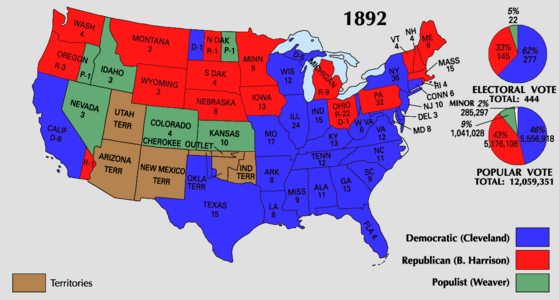 1892 United States presidential election; green denotes electoral votes won by James B. Weaver of the Populist Party.