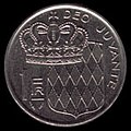 Pièce monégasque (1978) de 1 franc monégasque (côté pile) comportant la devise Deo Juvante.