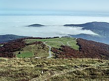 Plus bas les derniers kilomètres de la montée du col du Grand Ballon côté sud et mer de nuages.