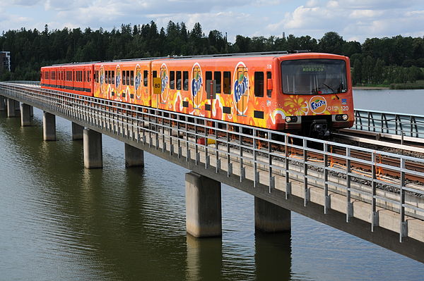A Helsinki metro train crossing the Vuosaari metro bridge.