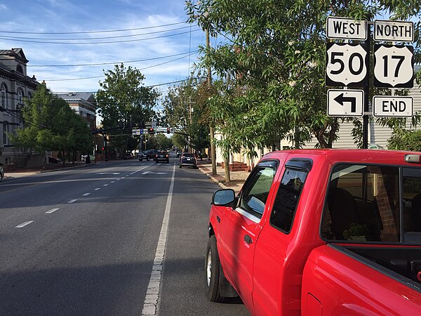 View north along US 11, US 522, and west along US 50 (Cameron Street) at the northern terminus of US 17 in Winchester, Virginia