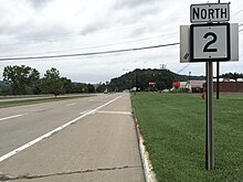 View north along WV 2 at WV 16 in St. Marys 2017-07-23 08 31 11 View north along West Virginia State Route 2 (Second Street) at West Virginia State Route 16 (High Street) in Saint Marys, Pleasants County, West Virginia.jpg