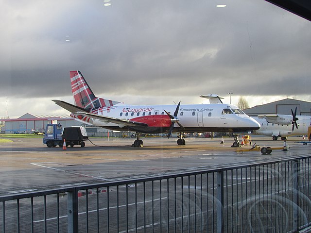 A Loganair Saab 340 parked on the apron at Norwich. Loganair is one of the airport's largest scheduled operators, offering flights to Edinburgh, Aberd