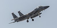 A US Air Force F-15C Eagle, tail number 83-0046, on final approach at Kadena Air Base in Okinawa, Japan