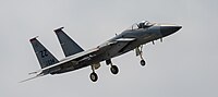 A US Air Force F-15C Eagle, tail number 81-0034, on final approach at Kadena Air Base in Okinawa, Japan. It is assigned to the 67th Fighter Squadron at Kadena AB.