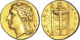 Electrum, a natural alloy of silver and gold, was often used for making coins. Shown is the Roman god Apollo, and on the obverse, a Delphi tripod (c. 310–305 BCE).