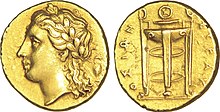 Electrum, a natural alloy of silver and gold, was often used for making coins 25 litrai en electrum representant un trepied delphien.jpg