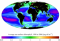 صورة من القمر الصناعي SeaWiFS للأرض تبين متوسط توزيع الكلوروفيل على سطح المياه بين عامي 1998 إلى 2006.