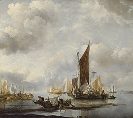 A calm sea with ships near the shore