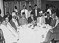 حفل شاي دعى إليه محمد علي الطاهـر في فندق كونتيننتال بالقاهرة عام 1946 تكريما للوطني المصري أحمد حسين صاحب جريدة "مصر الفتاة" وزعيم الحزب الإشتراكي المصري عقب عودته من نيويورك. من اليمين إلى اليسار: 1- شخص غير معروف الإسم 2- زعيم حزب الإستقلال المغربي علال الفاسي 3- الفريق عزيز علي المصري باشا ، وزير الحربية المصري الأسبق 4- محمد علي الطاهـر 5- الصادق المجددي ، وزير أفغانسان المفوض في مصر 6- المحتفى به أحمد حسين 7- اللواء صالح حرب باشا ، وزير الحربية المصري الأسبق 8- عبد الله الجفري ، مستشار سلاطين لحج (الآن ضمن اليمن) 9- محمد رشيدي ، سفير أندونيسيا المقبل في مصر 10- الزعيم السوداني ورئيس وزراء بلاده فيما بعد اسماعيل الأزهري 11- الوطني الجزائري الفضيل الورتلاني (واقفا).