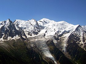Udsigt over Bossons-gletsjeren (i midten) fra Le Brévent.