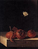 Adriaen Coorte - Three Medlars with a Butterfly. C. 1705. Priv.coll.