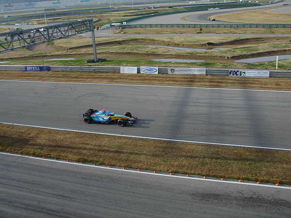 Fernando Alonso driving his Renault R26 car during a testing session held in February 2006 at Circuit de Valencia.