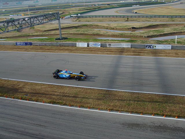 Fernando Alonso driving his Renault R26 car during a testing session held in February 2006 at Circuit de Valencia.