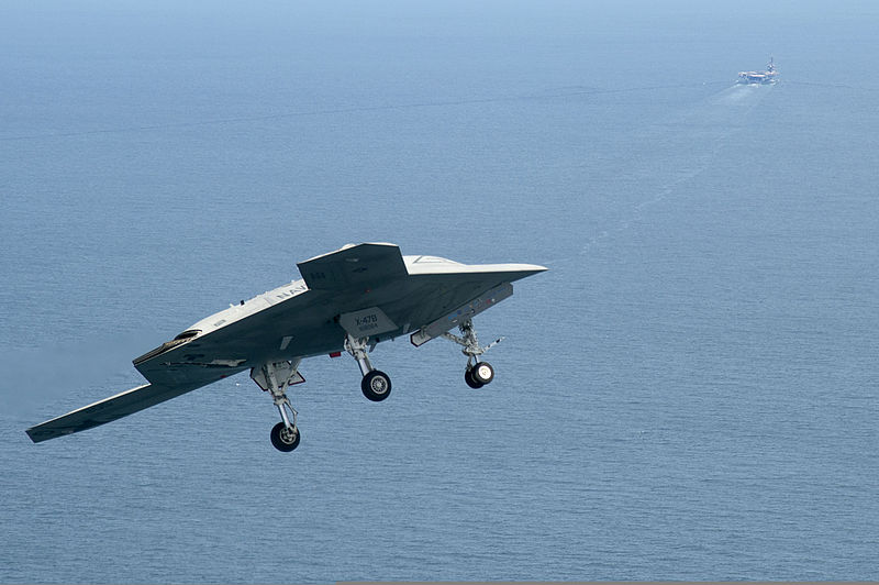 File:An X-47B Unmanned Combat Air System demonstrator flies near the aircraft carrier USS George H.W. Bush (CVN 77), not pictured, after launching from the ship May 14, 2013, in the Atlantic Ocean 130514-N-UZ648-343.jpg