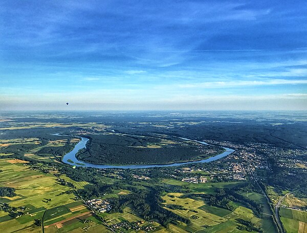 Image: An aerial photo of the town of Prienai and river Nemunas from a hot air balloon