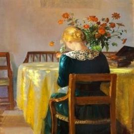 Anna Ancher-Interior With The Painter's Daughter Helga Sewing.jpg