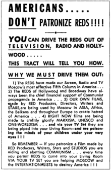 Anticommunist tract from the 1950s, decrying the "REDS of Hollywood and Broadway" Anticommunist Literature 1950s.tiff