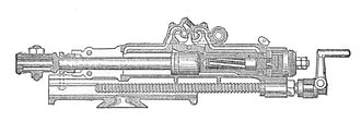 Pneumatic rock drill, with a bash valve above the working cylinder Arc valve tappet rock drill, section (Rankin Kennedy, Modern Engines, Vol VI).jpg