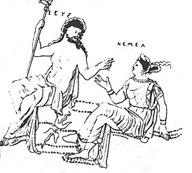Немея беседует с Зевсом. Часть изображения Археморовой вазы «Смерть Архемора»