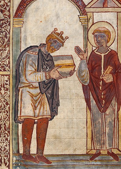 Frontispiece of Bede's Life of St Cuthbert, showing King Æthelstan presenting a copy of the book to the saint himself. c. 930