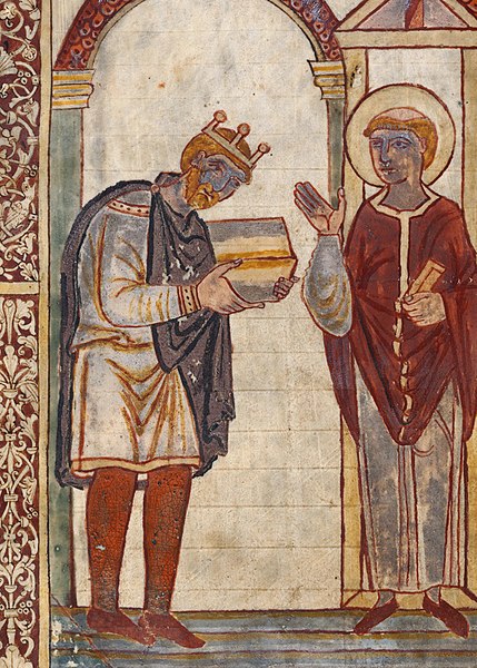 King Æthelstan presenting a gospel book to (the long-dead) St Cuthbert (934); Corpus Christi College, Cambridge MS 183, fol. 1v