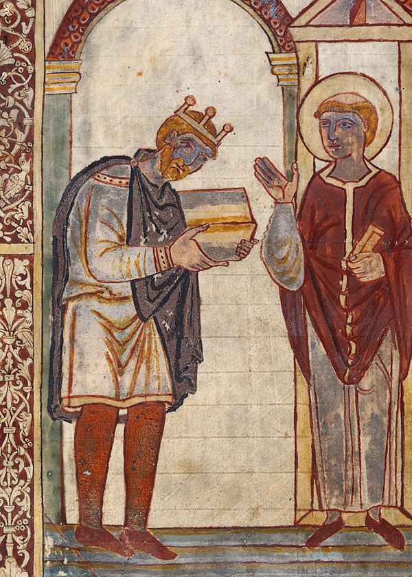 King Æthelstan, wearing a crown, presents an illuminated manuscript to St Cuthbert, c. 930