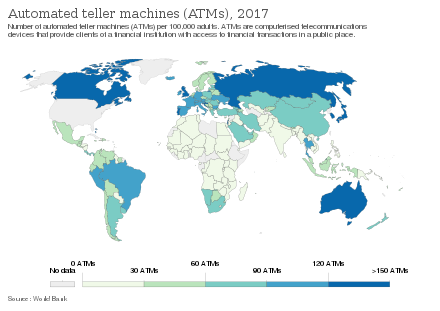 Number of automated teller machines (ATMs) per 100,000 adults (2017)