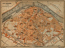 A map of the old city of Avignon (1914); the Exchange was located in what is now the Rue de la Republique running from the center of the city to the southwest. Avignon.jpg