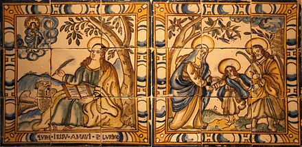 Figurative panels: St. John the Evangelist and the Holy Family. Lisbon, first half of 17th century. Museu Nacional do Azulejo Azulejo December 2012-5.jpg