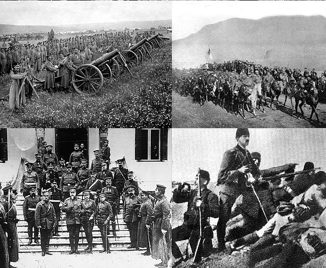 Clockwise from top right: Serbian forces entering the town of Mitrovica; Ottoman troops at the Battle of Kumanovo; Meeting of the Greek king George I 