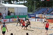 Deutsch: Beachhandball Europameisterschaften 2019 (Beach handball Euro); Tag 2: 3. Juli 2019 – Männer, Vorrunde Gruppe A, Spanien-Norwegen 1:2 (22:26, 28:22, 8:10) English: Beach handball Euro; Day 2: 3 July 2019 – Men Preliminary Round Group A - Spain-Norway 1:2 (22:26, 28:22, 8:10)