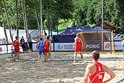 Deutsch: Beachhandball Europameisterschaften 2019 (Beach handball Euro); Tag 2: 3. Juli 2019 – Männer, Vorrunde Gruppe B, Slowenien-Serbien 1:2 (16:20, 19:18, 6:7) English: Beach handball Euro; Day 2: 3 July 2019 – Men Preliminary Round Group B – Slovenia-Serbia 1:2 (16:20, 19:18, 6:7)