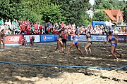 Deutsch: Beachhandball Europameisterschaften 2019 (Beach handball Euro); Tag 4: 5. Juli 2019 – Frauen, Viertelfinale, Spanien-Ungarn 1:2 (14:16, 26:16, 2:5) English: Beach handball Euro; Day 4: 5 July 2019 – Quarter Final Women – Spain-Hungary 1:2 (14:16, 26:16, 2:5)