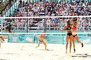 Deutsch: Beachvolleyball bei den Olympischen Jugendspielen 2018; Tag 9, 15. Oktober 2018; Mädchen, Viertelfinale: USA-Spanien 2–1 (21–19/17–21/15–9) English: Beach volleyball at the 2018 Summer Youth Olympics at 15 October 2018 – Girls Quarterfinals: USA-Spain 2–1 (21–19/17–21/15–9)